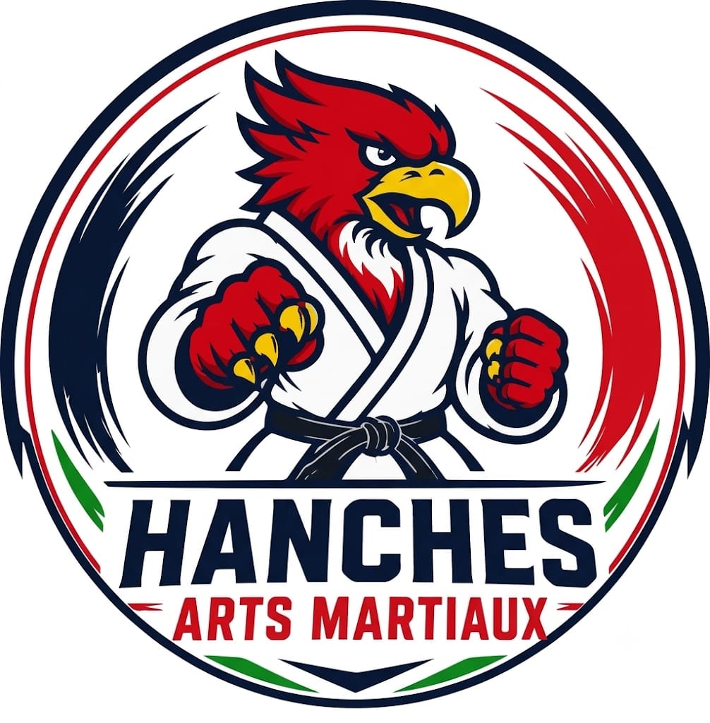 Logo Hanches Arts Martiaux : aigle rouge en judogi